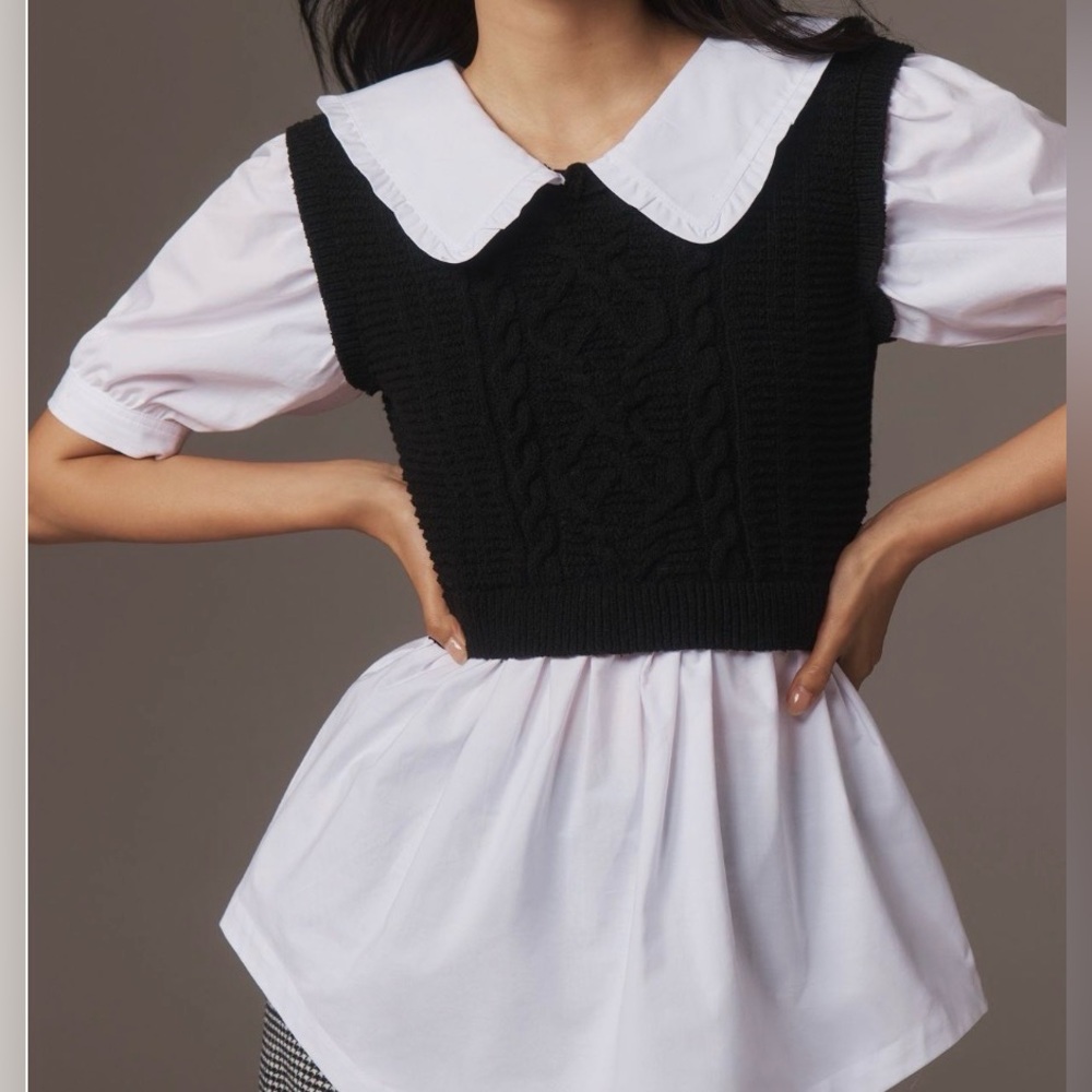 Anthropologie Maeve Black Knit Cropped Vest Twofer Peter Pan Collar White Blouse - Picture 2 of 6